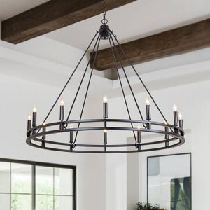 LightFixturesUSA-Oversized Vintage Black Candle Style Wagon Wheel Chandelier-Chandelier-12-Light-