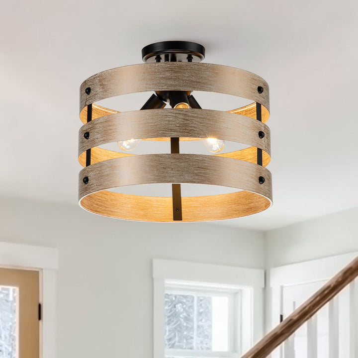 LightFixturesUSA-Rustic Drum Faux Wood Ceiling Light-Ceiling Light--