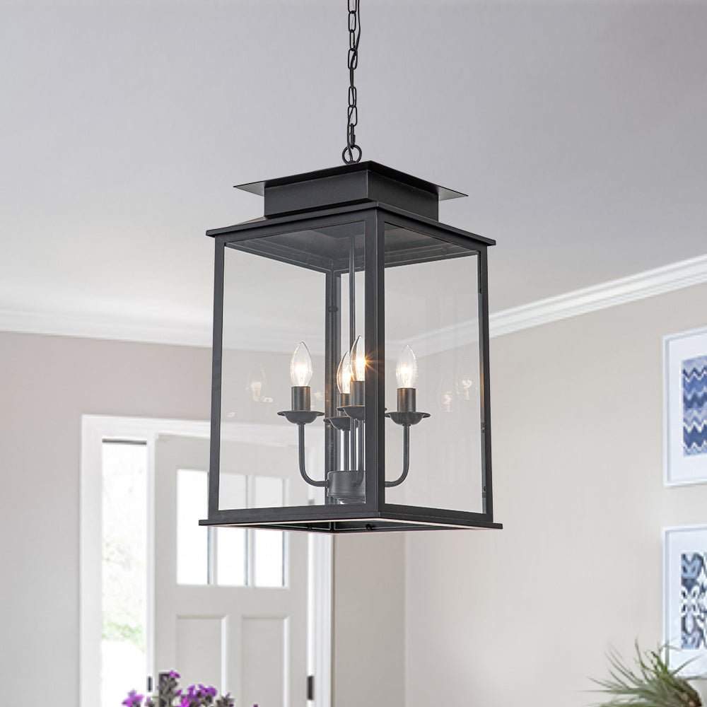 5CCT LED Outdoor Pendant Light - 4-Light Black Lantern, IP44 Waterproof, Adjustable Height