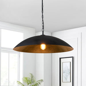 LightFixturesUSA-Vintage Oversized Flat Dome Metal Pendant Light-Chandelier-Black+Gold-1-Lt
