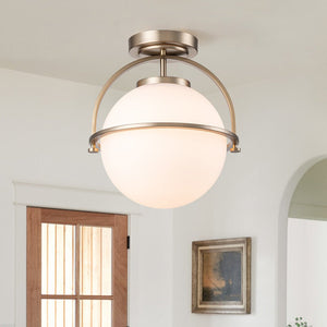 LightFixturesUSA-Wide Opal Glass Globe Brass 1-Light Ceiling Light-Ceiling Light-Brass-1-Lt