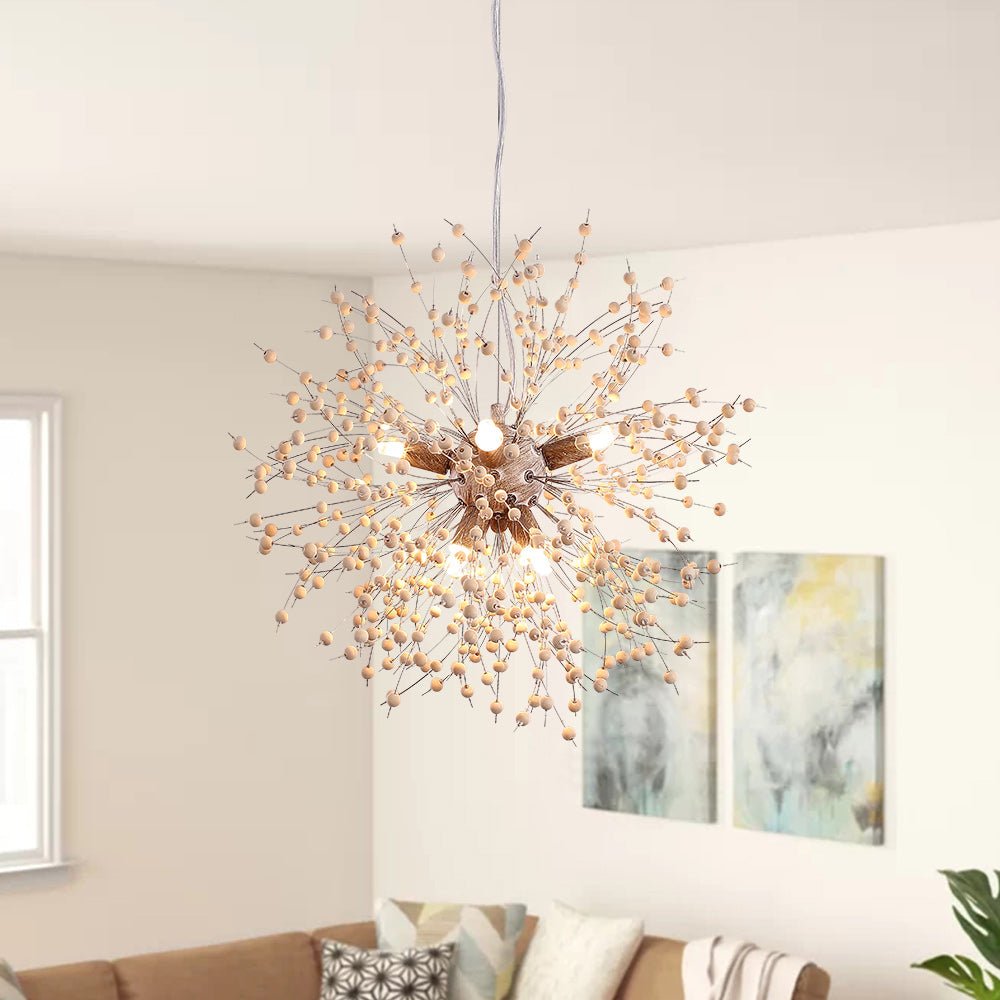 Wooden Bead Firework Pendant Light | LightFixturesUSA | Wood Dandelion ...